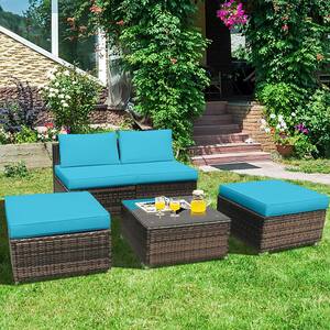 2-Piece Wicker Outdoor Sectional Set with Turquoise Cushions