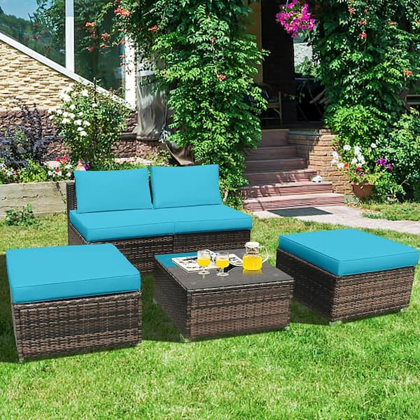 Costway 2-Piece Wicker Outdoor Sectional Set with Turquoise Cushions ...