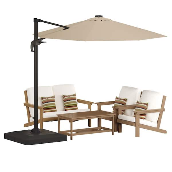 Clihome Outdoor Lounge Chair Set of 5 with Sand Cushions, Coffee Table and Patio Umbrella