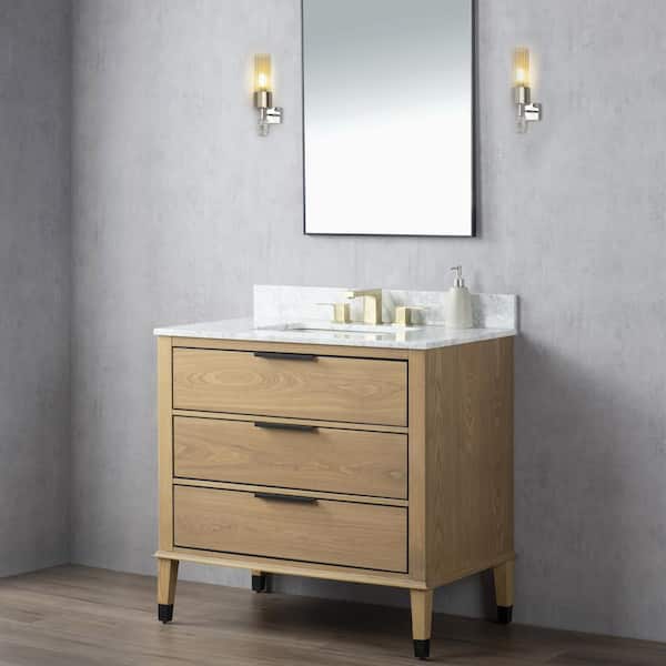 DESwan 36in. W x 22 in. D x 34.3 in. H Single Sink Freestanding Bath Vanity in Weathered Tan with White Carrara Marble Top