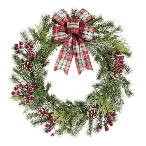Home Accents Holiday 22 in Frosted Pine Artificial Christmas Wreath with Pinecones, Berries, and Burlap Bow