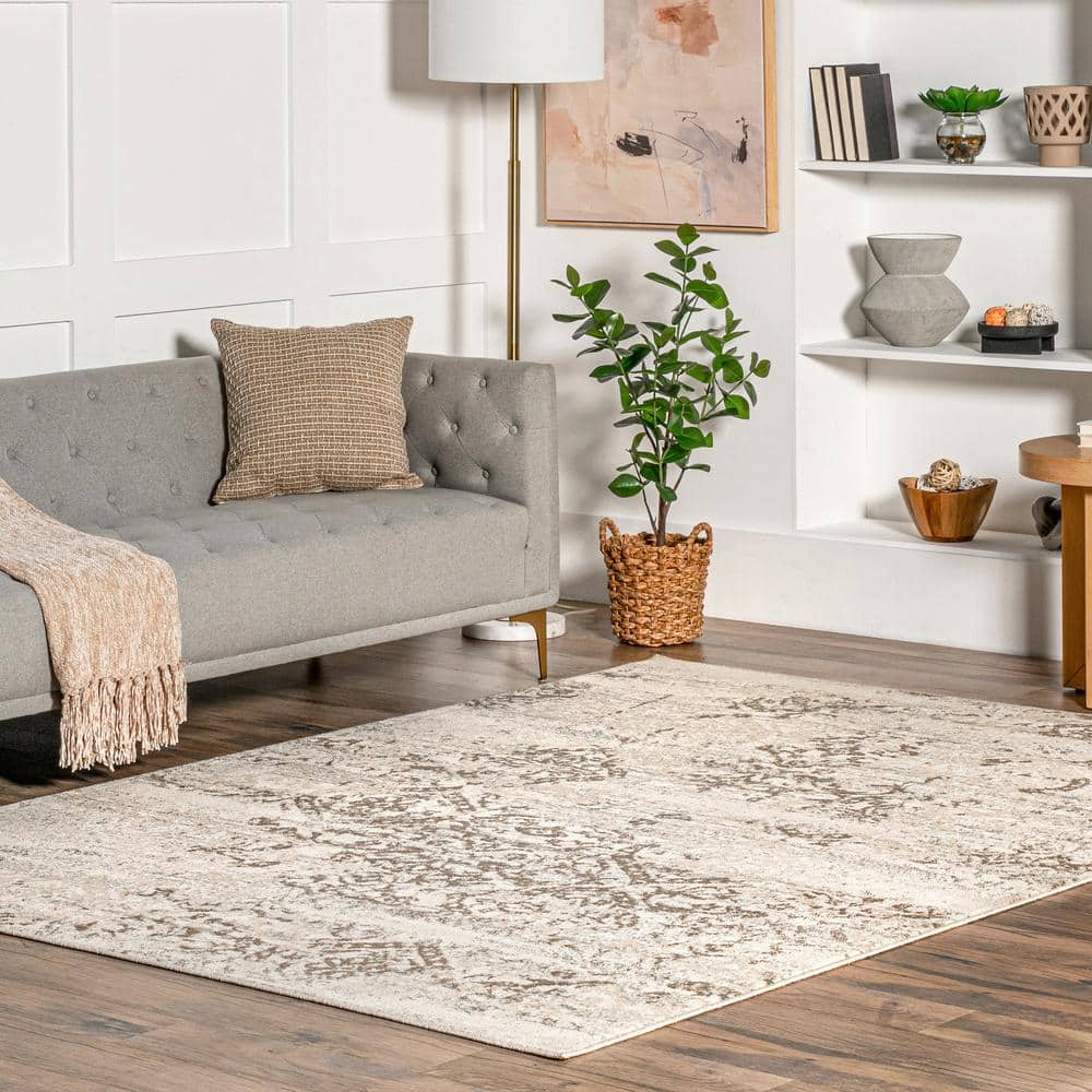 Beige Floral Synthetic Rectangular Area Rug 6' 7" x 9'