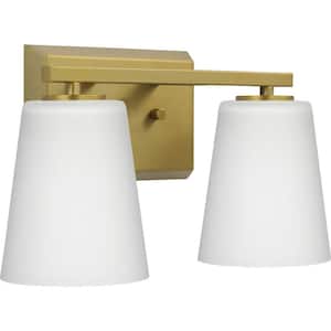 Vertex Collection 12.87 in. 2-Light Brushed Gold Etched White Glass Contemporary Vanity Light