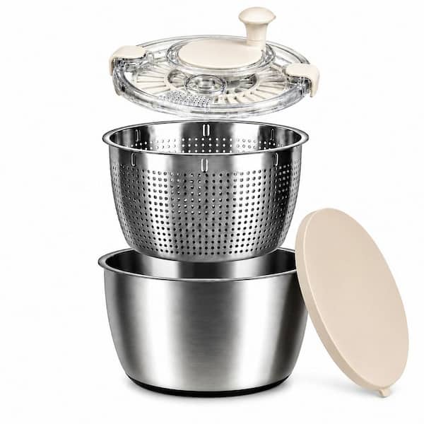 5.3 qt. Stainless Steel Salad Spinner Set, Beige White, with Grater Lid, Storage Lid for Washing, Spinning and Prep