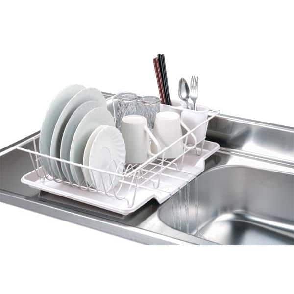 Dish Rack Holds Many Dishes And Cups Against Wooden Countertop White Wall  Tiles Sink And Faucet Budget And Lightweight Antimicrobial Dish Drainer  With Drain Board At Modern Scandinavian Kitchen Stock Photo 