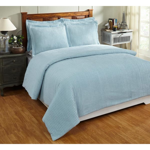 Better Trends Julian Comforter 3-Piece Blue King 100% Cotton Tufted Chenille Solid Stripes Design Comforter Set