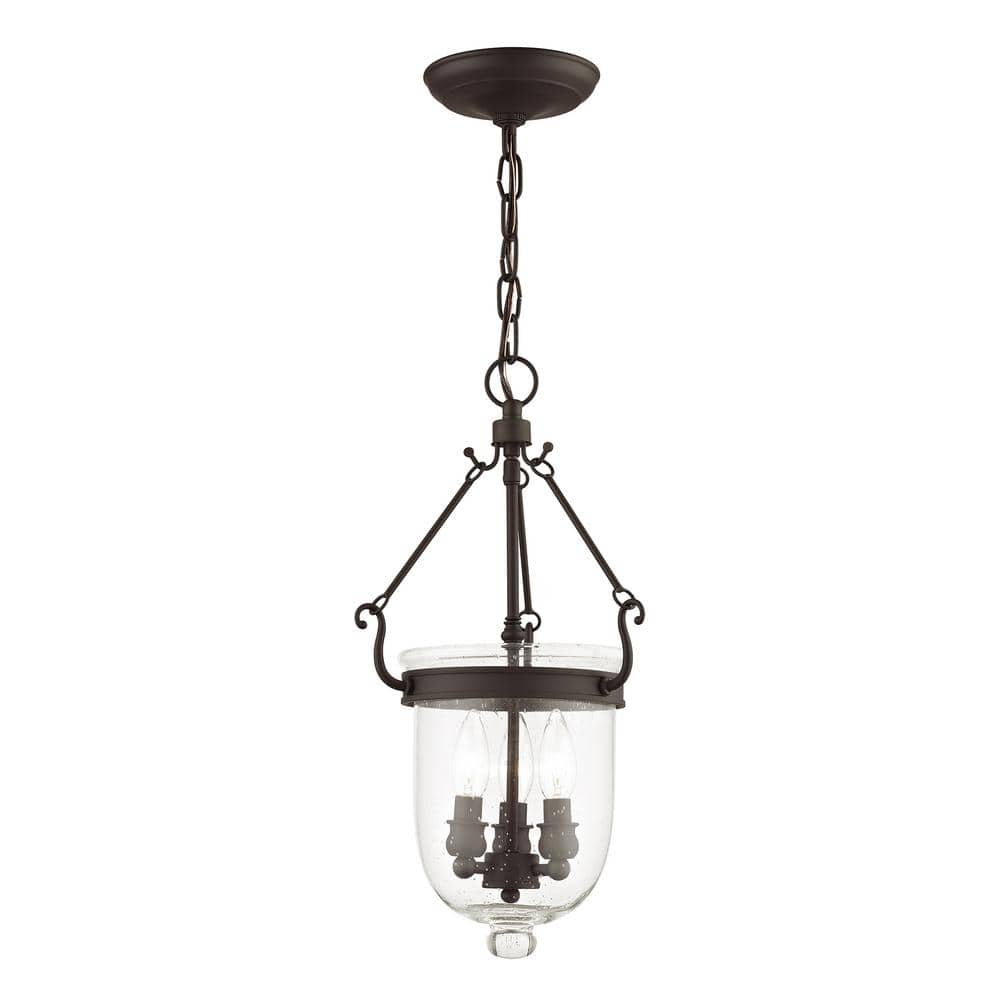 Bronze Seeded Glass 3-Light Indoor/Outdoor Bell Jar Lantern