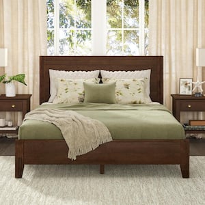 Lessio Dark Brown Mid-Century 13.7 in. Solid Wood Frame Queen Platform Bed with Wooden Slats, Headboard, Easy Assembly