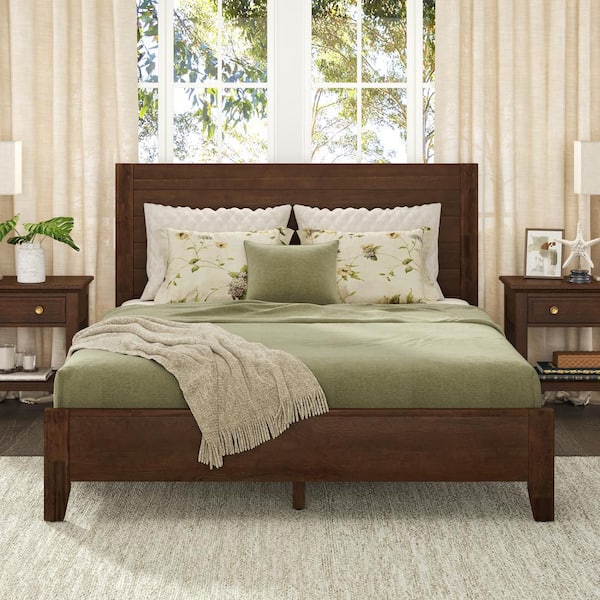 cozyman Lessio Dark Brown Mid-Century 13.7 in. Solid Wood Frame Queen Platform Bed with Wooden Slats, Headboard, Easy Assembly