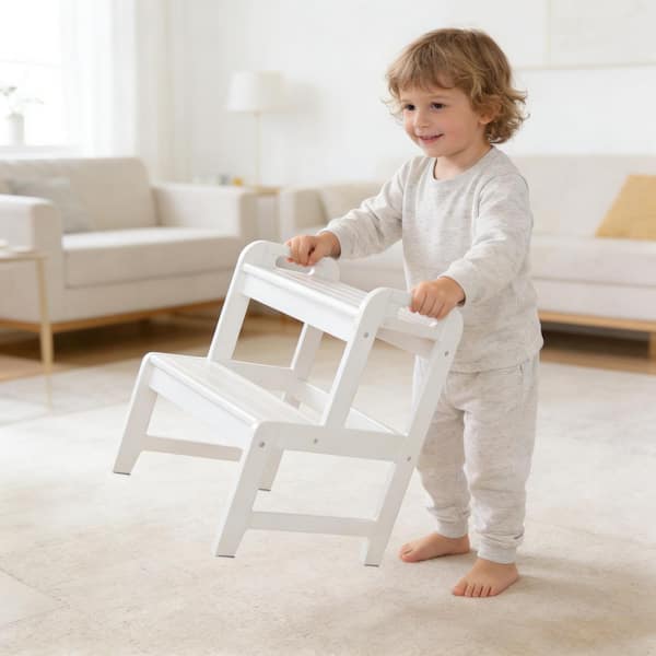 17.13 in. White Kids Step Stool, Kitchen Toddler Helper, 2-Step Bamboo with Safety Handles