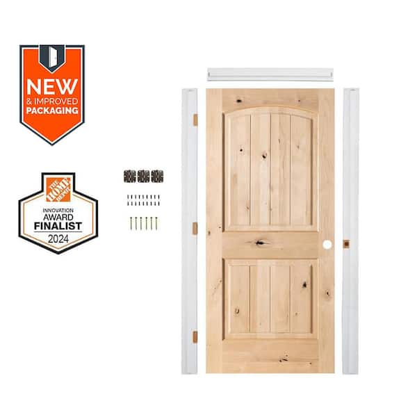 28in.x80in. Knotty Alder Left-Hand Unfinished V-Groove Single Assembly Required Interior Door Kit w/ Quick Assemble Jamb