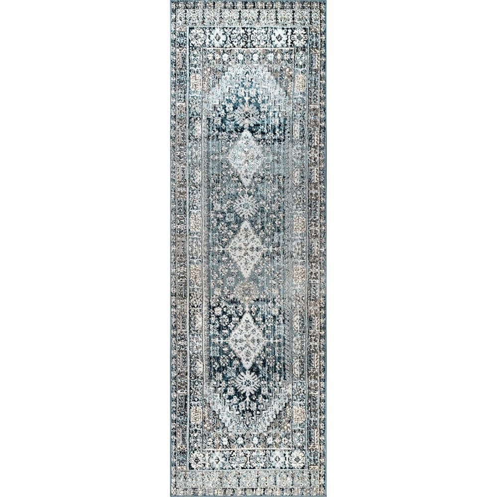 nuLOOM Melani Vintage Medallion Light Blue 3 ft. x 8 ft. Indoor Runner ...