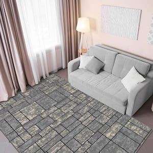 Ottohome Collection Non-Slip Rubberback Boxes Design 3x5 Indoor Area Rug, 3 ft. 3 in. x 5 ft., Gray