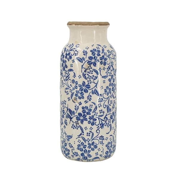 15 in. White Ceramic Cylinder Decorative Vase 1-Piece w