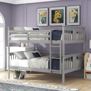 Gray Full Over Full Wood Bunk Bed Frame with Guard Rails and Ladder for Kids Teens, Can be Convertible to 2-Beds
