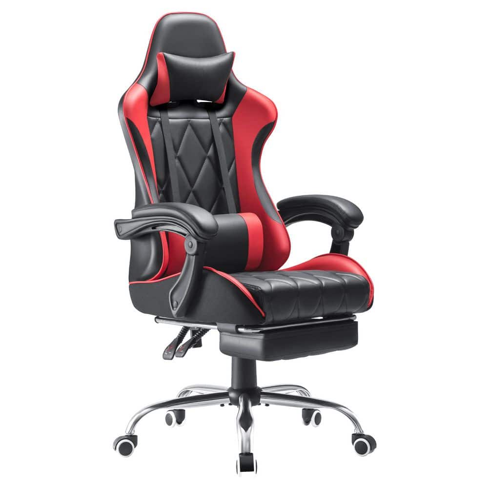 Leather Footrest and Lumbar Support Gaming Chair, Office Recliner Computer Chair with Swivel Seat in Red