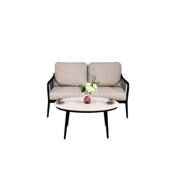 2 Piece Aluminum Outdoor Patio Conversation Loveseat Set with 35.2 in. Table and White Cushions