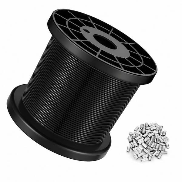 Vinyl Coated Wire Rope Black 1/16 in. Stainless Steel Cable with Aluminum Crimping Sleeves for String Light Hanging