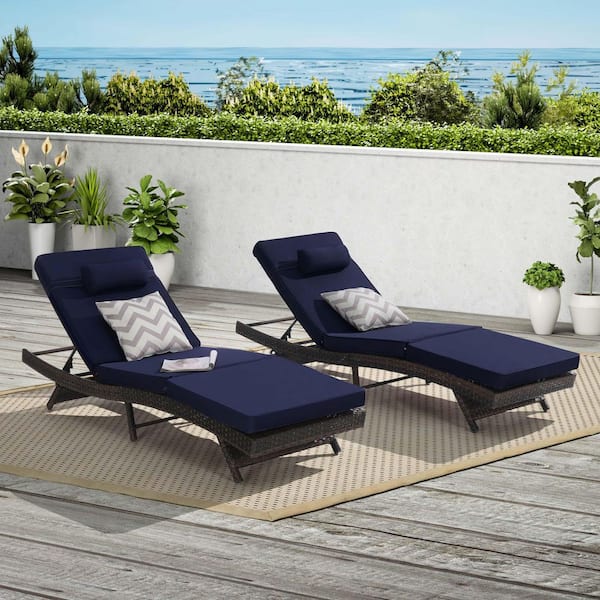 Dark Brown Swivel Wicker Outdoor Lounge Chair with Dark Blue Cushions (2-Pack)