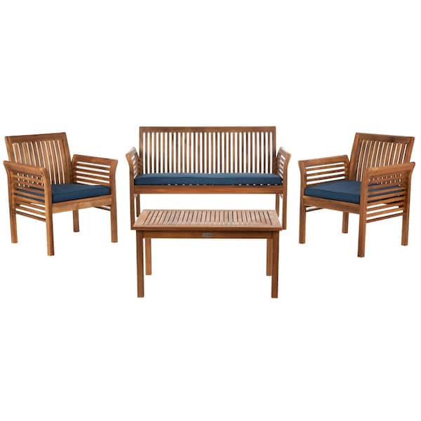 SAFAVIEH Carson Natural 4-Piece Wood Patio Conversation Set with Navy Cushions