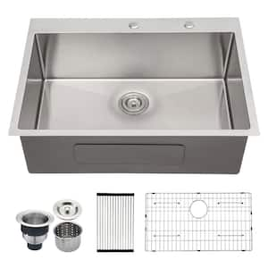 30 in. Drop-in Single Bowl 16 Gauge Brushed Nickel Stainless Steel Kitchen Sink with Strainer Basket and Bottom Girds