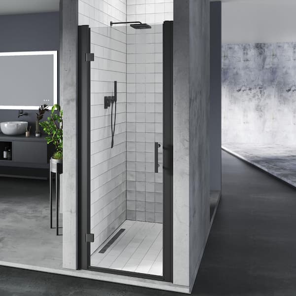 28 in. to 30 in. W x 72 in. H Pivot Hinged Swing Frameless Shower Door in Black with Clear Glass