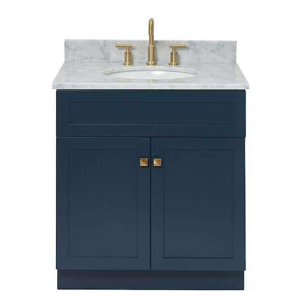 Hamlet 30 in. Single Sink Freestanding Bathroom Vanity in Midnight Blue with 0.75" Carrara White Marble Top