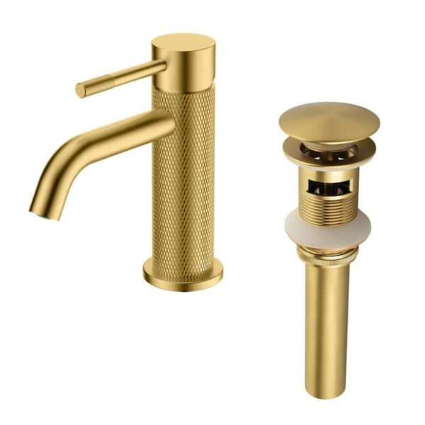 Single Handle Single Hole Bathroom Faucet with Pop-Up Drain Assembly Deck Mount Brass Bathroom Sink Taps in Brushed Gold