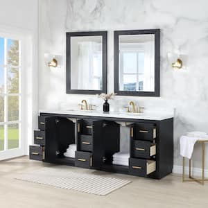Gazsi 84 in.W x 22 in.D x 34 in.H Bath Vanity in Black Oak with Grain White Composite Stone Top and Mirror