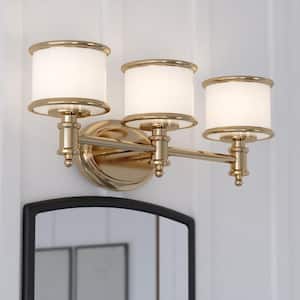 Carlisle 23 in. 3 Light Natural Brass Gold Vanity Light Traditional Bathroom Fixture White Glass