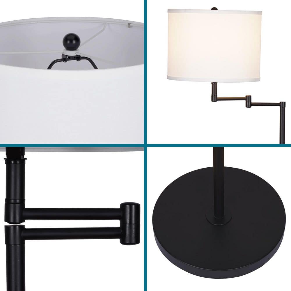 Black Metal Swing Arm Floor Lamp with White Linen Shade