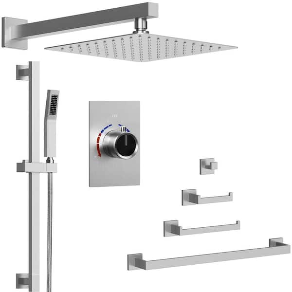 2-Spray 10in. High Pressure Dual Wall Mount Fixed and Handheld Shower Head 2.5GPM with Towel Rack Set in Brushed Nickel
