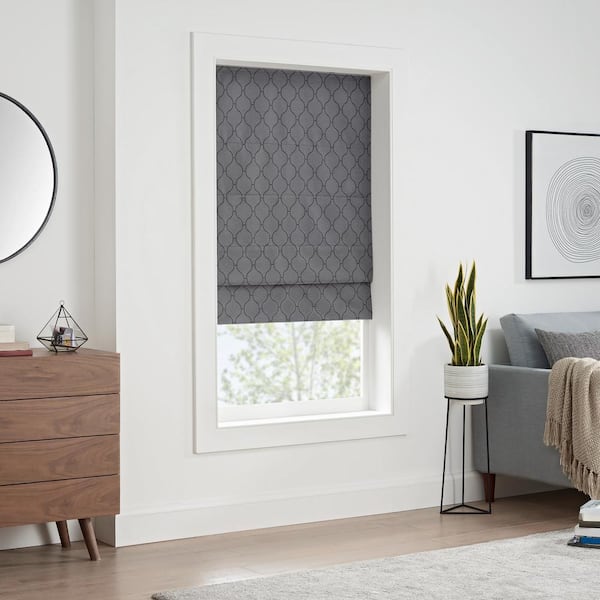 Darien Grey Ogee Pattern Polyester 35 in. W x 64 in. L 100% Blackout Single Cordless Roman Shade