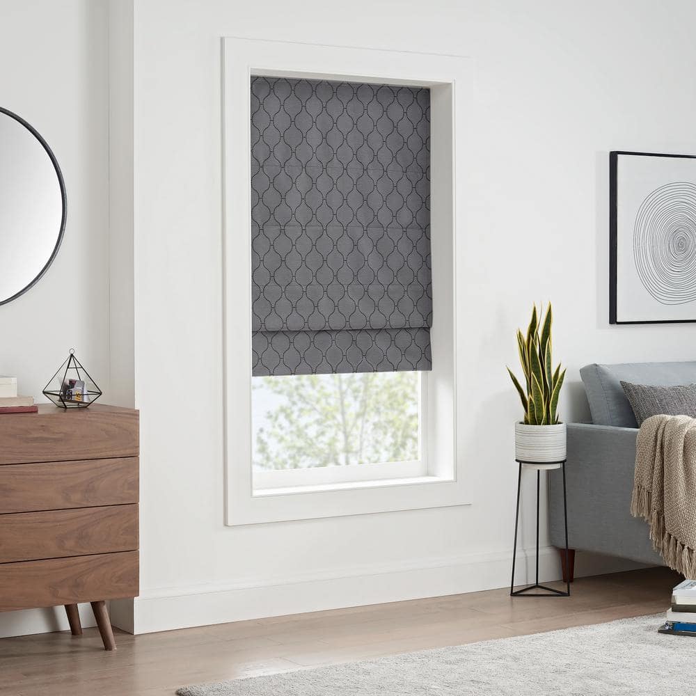 Gray Cordless Blackout Roman Shade with Woven Ogee Design