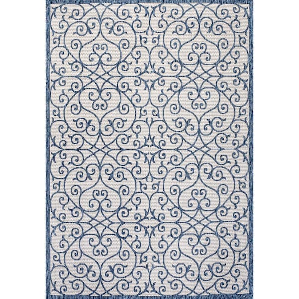 Madrid Vintage Filigree Textured Weave Blue/Cream 9 ft. x 12 ft. Indoor/Outdoor Area Rug