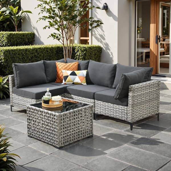 Coralia Gray 5-Piece Wicker Outdoor Sectional Set with Black Cushions & Lighted Coffee Table for Patio, Deck, Yard