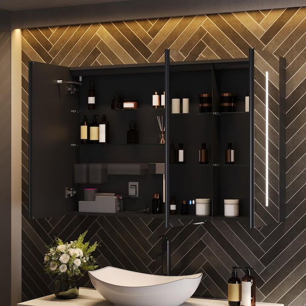 48 in. W x 32 in. H Rectangular Aluminum Frameless Tri-View LED Light Bathroom Medicine Cabinet with Mirror in Black