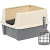 Amazon Basics Tall Open Top Cat Litter Box with High Sides and Scoop, 19 x 15 x 11.75 inches, Grey/Beige
