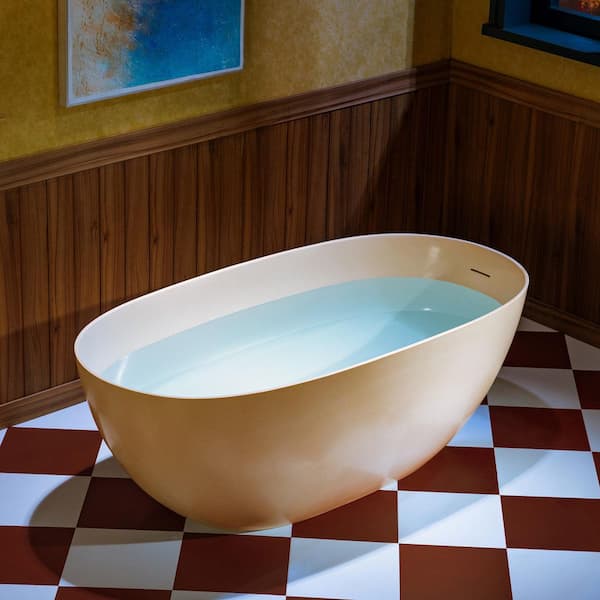 69 in. L x 32 in. W Luxury Contemporary Solid Surface Stone Resin Freestanding Soaking Bathtub w/ Center Drain in Cream