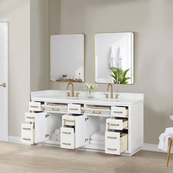 Gavino 84 in.W x 22 in.D x 34 in.H Bath Vanity in White with Grain White Composite Stone Top and Mirror