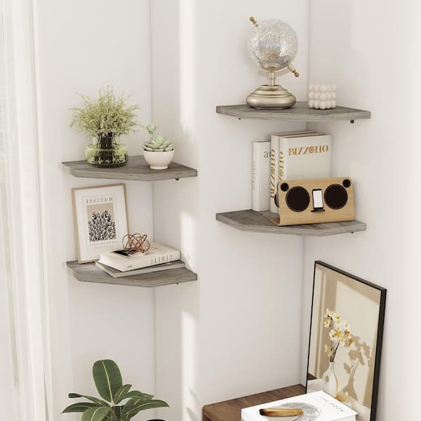 16.5 in. W x 10.5 in. D Gray Wood Corner Shelves 2-Pack, Floating 16.5 in. W x 10.5 in. D Gray Wood Corner Shelves 2-Pack, Floating
