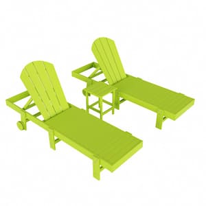 Laguna 3-Piece Outdoor Patio Adjustable HDPE Reclining Adirondack Chaise Lounger with Wheels, Side Table Set, Lime