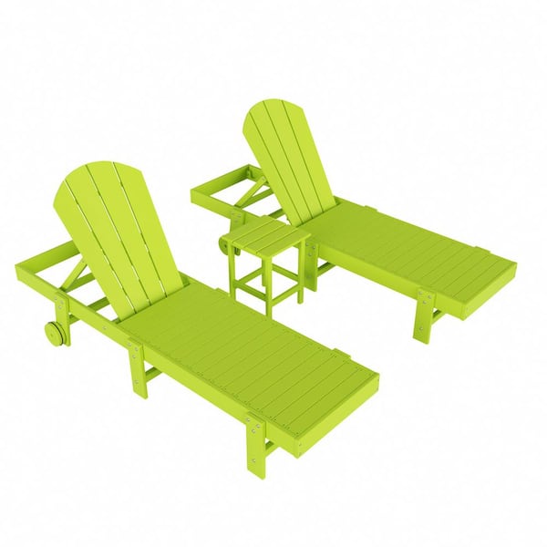 WESTIN OUTDOOR Laguna 3-Piece Outdoor Patio Adjustable HDPE Reclining Adirondack Chaise Lounger with Wheels, Side Table Set, Lime