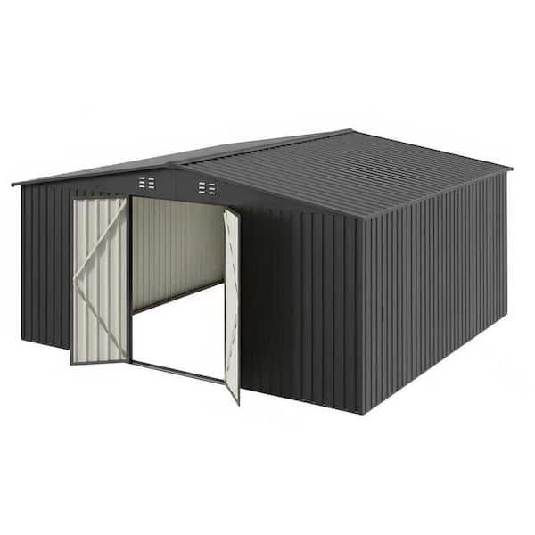 14 ft. x 12 ft. Heavy-Duty Steel Outdoor Storage Shed with Lockable Doors, Black Roof Garden Tool Shed for Backyard