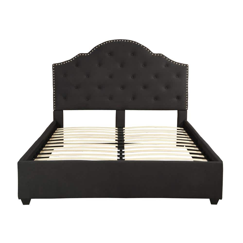 Black Queen Upholstered Bed Frame with Tufted Headboard and Nailhead Trim