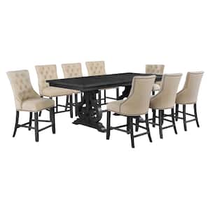 Elias 9-Piece Rectangle Counter Height Dining Set with Beige Linen Fabric Chairs.