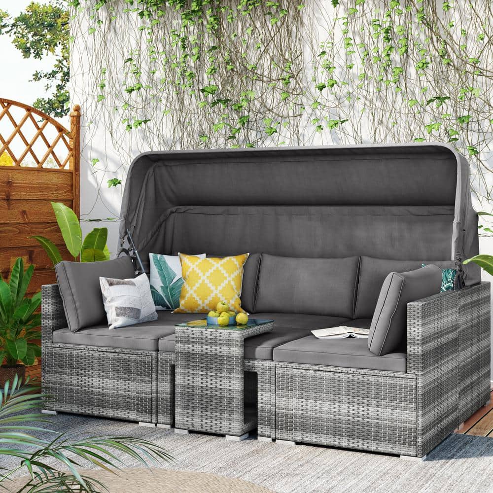 Grey 5-Piece PE Wicker Outdoor Patio Rattan Sectional Set Sofa with Canopy,