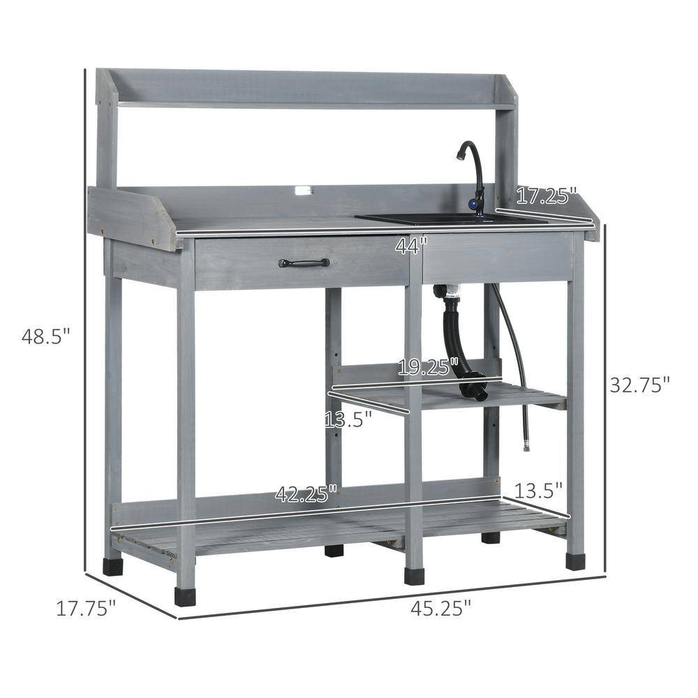 Gray Wooden Potting Bench Table with Sink and Shelves