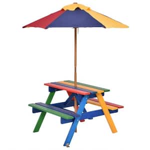 Wooden Outdoor Kids Picnic Table with Umbrella and Bench