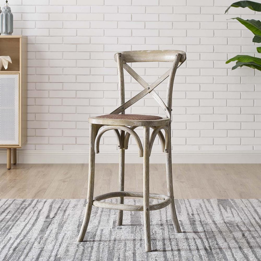 Farmhouse Charm Gray Elm Wood Counter Stool with Woven Rattan Seat
